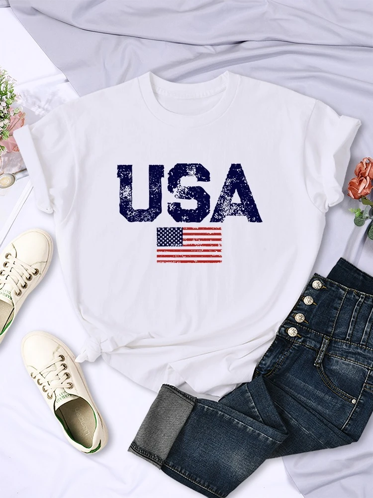 

USA Letters American Flag Stars and Stripes Printed Women T-Shirts Street Hip Hop Tee Clothing Summer Breathable Tshirt Female
