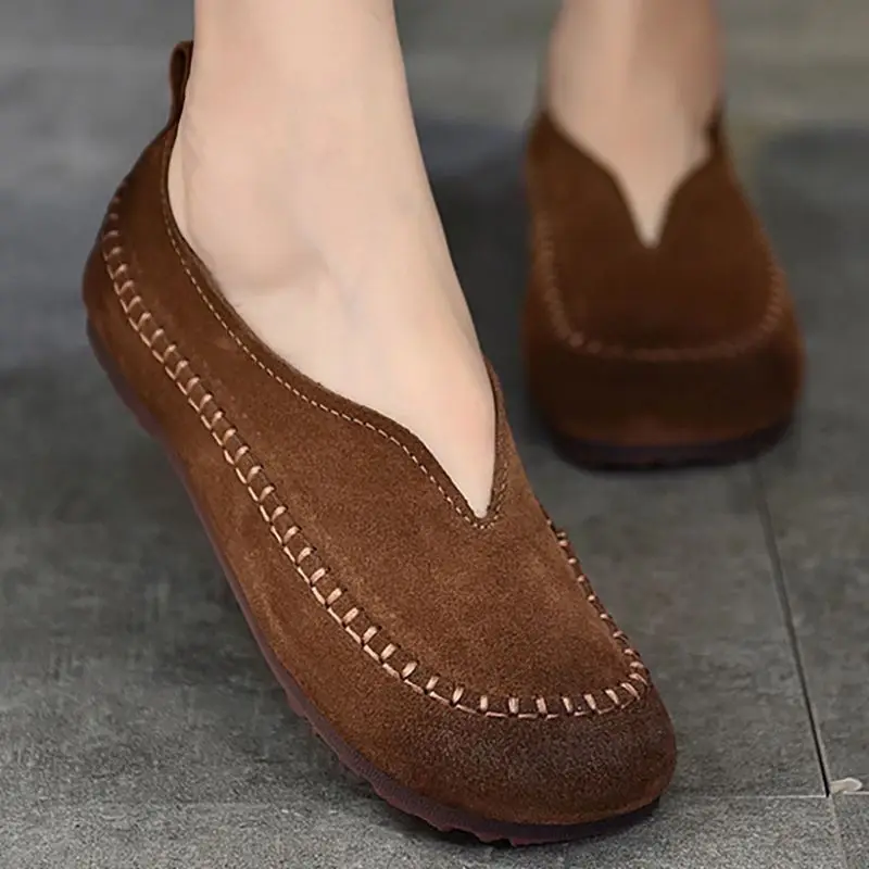 Faux Suede Leather Ballet Flats Women\'s Round Toe Loafers Woman V Cut Flat Shoes Female Brown Moccasins Ladies Slip On Shoes New