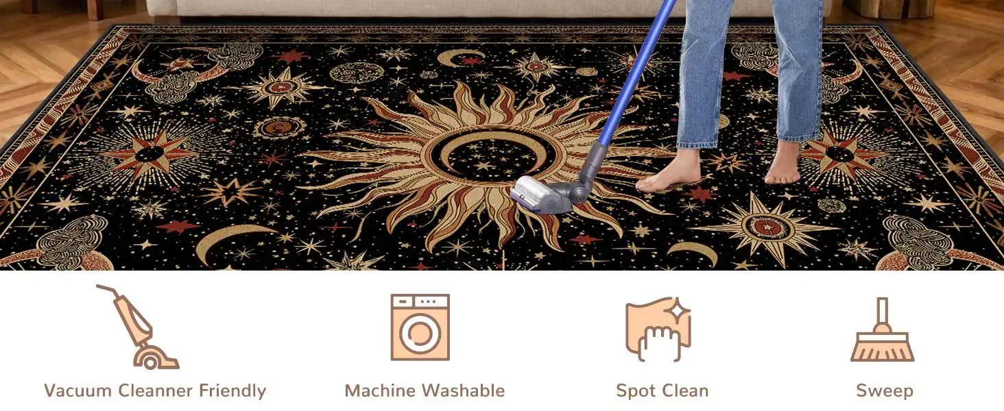 3x5 Waschbare Teppiche Staubsaugerfreundlich Rutschfester Teppich Vintage Boho Gothic Sonne-Mond-Muster Niedrigfloriger Teppich für Wohnzimmer – Detail 2