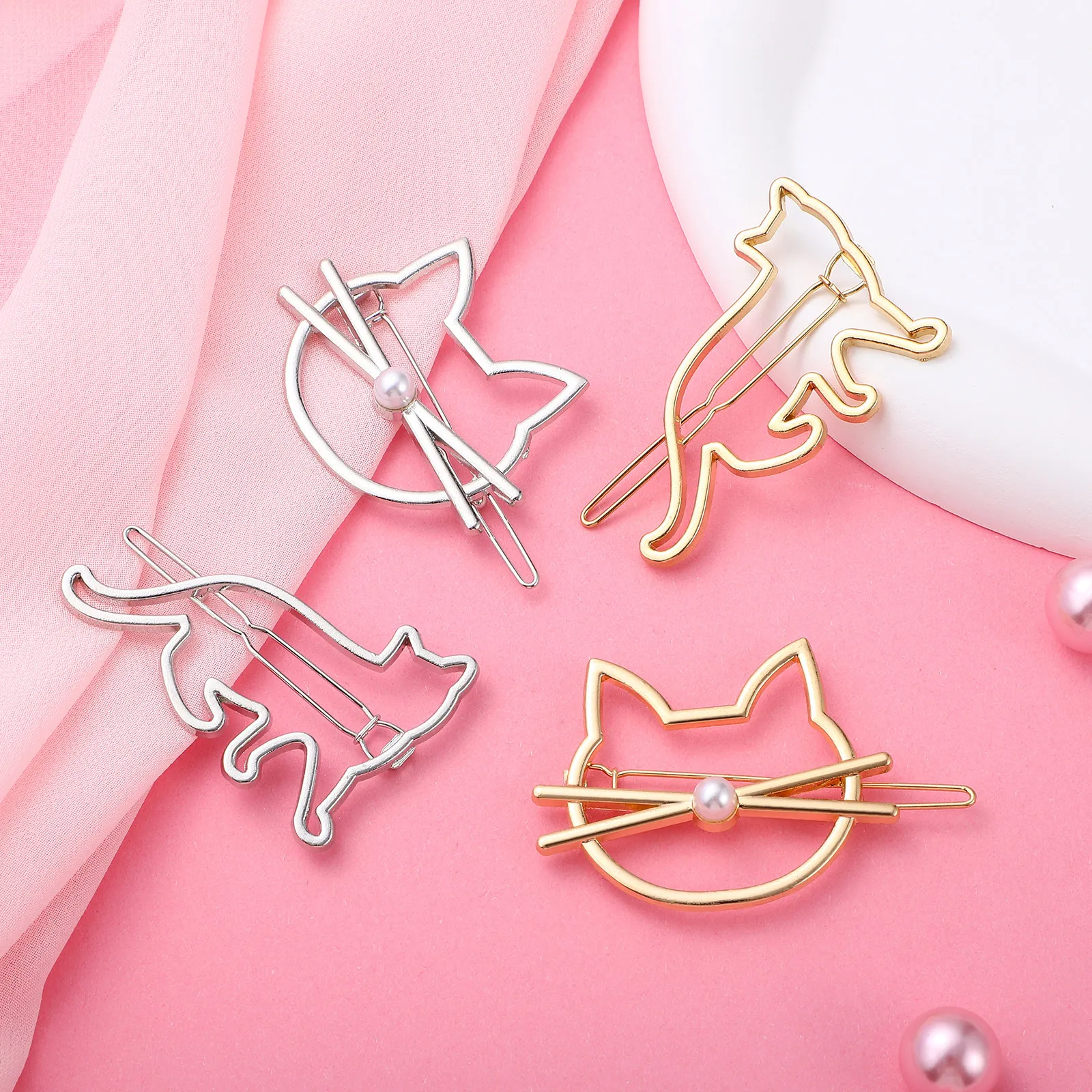 4Pcs Cat Hair Clips Metal Cat Shaped Barrettes Bangs Clips for Women Girls Versatile Hair Pins Styling Accessories