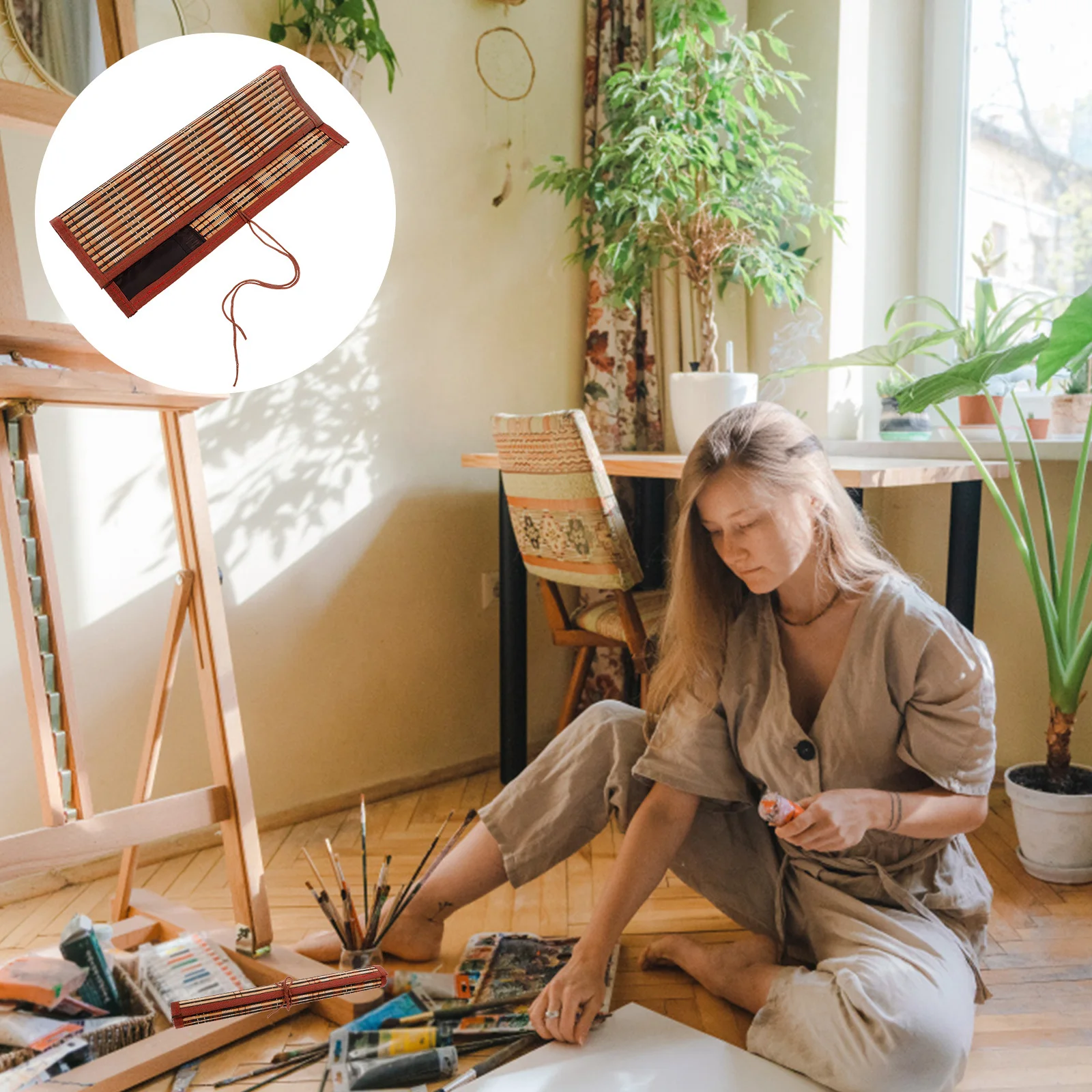 

Retro Bamboo Pencil Roll Up Case Large Capacity Art Supplies Pen Pouch Portable Brush Calligraphy Pen Storage Bag