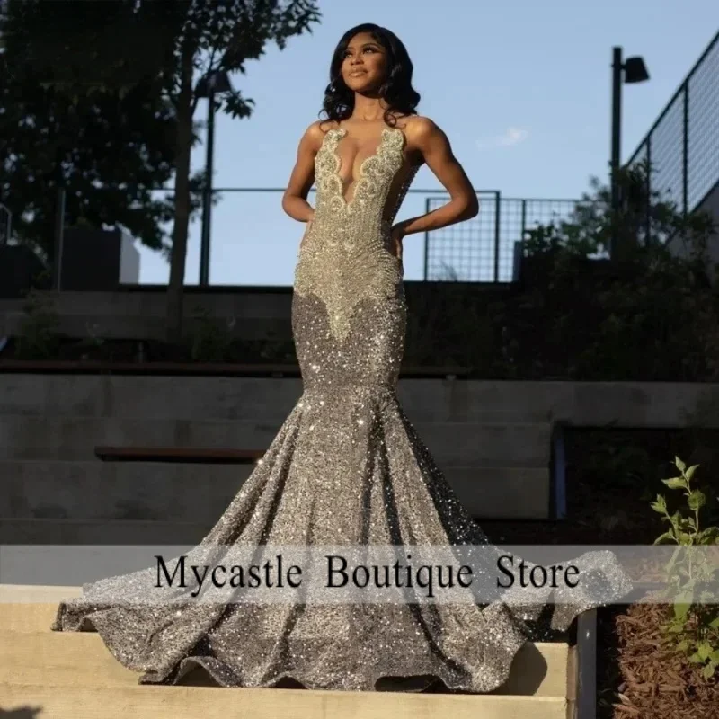 Personalizado prata sereia diamante vestido de baile 2026 preto meninas veludo africano feminino festa formatura vestido gala