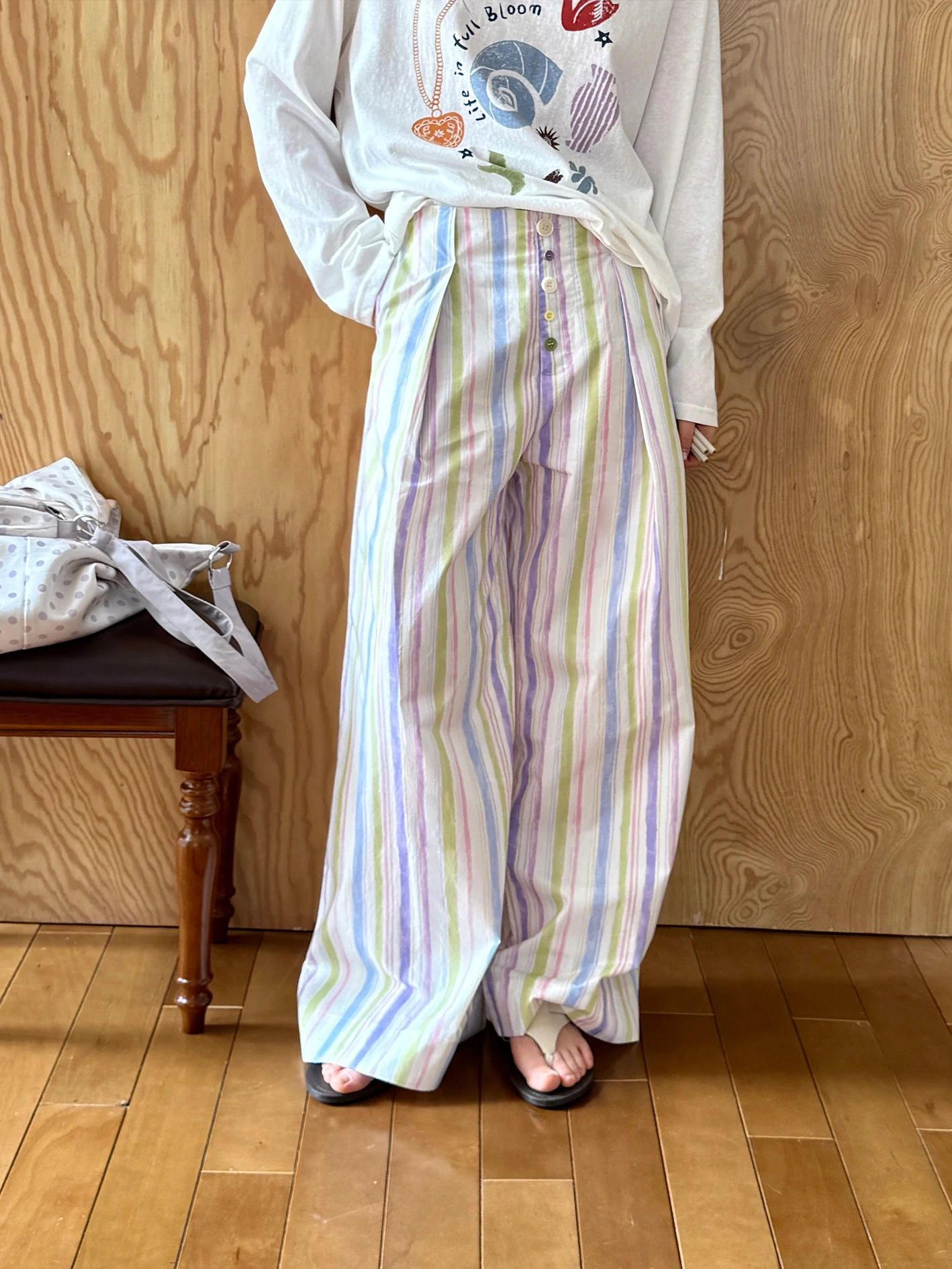 

Nothe Case Cotton Stripe Pants Printed Casual Wide Leg Pants l Waist Button Closure Comfortable Loose Fit Holiday Feel