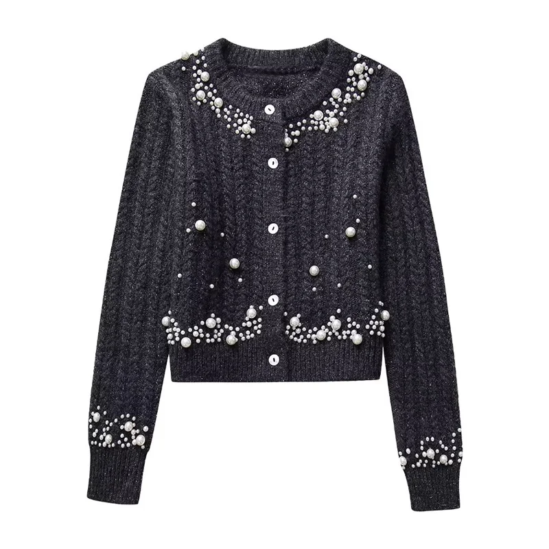 

Woman Fashion Gray Pearl Splicing Knit Short Cardigan 2023 Autumn Winter Female French Knitted Jacket Ladies Sweet Crop Knitwear