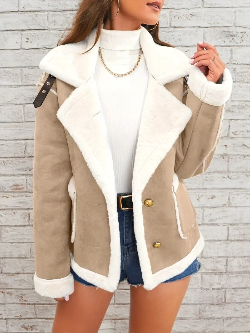 Women's Elegant Winter Fur Coat with Fluff Lapel Thick Korean Fashion Casual Loose Artificial Fleece Warm Jacket