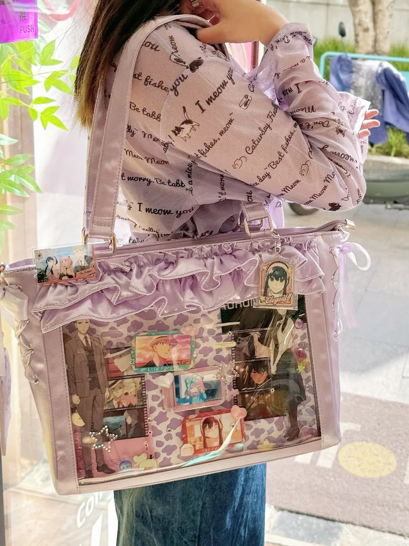 Japanese Original Sweet Cute Wave Satin Pain Bag Crossbody Shoulder Handbag Large Capacity Ribbon Bow Shopping Bags For Girls