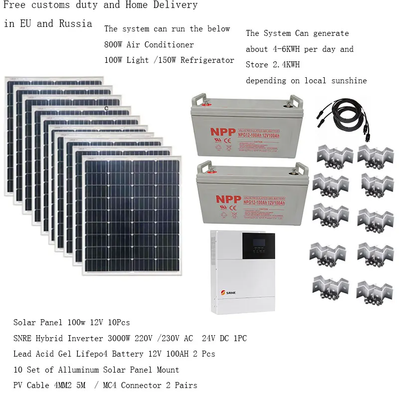 Solar Panel Kit Complete 3000W 110V 220V  Battery PV Panel 1000W Hybrid Inverter Off Grid Car Caravan Camping Boat 2HP Yacht