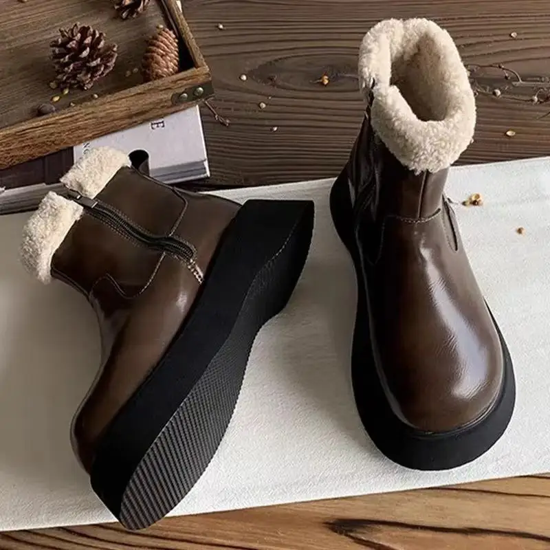 

Ladies Shoes Round Toe Brown Fur Leather Platform Chunky Women's Snow Boots Elegant and Fashion on Slip Sale Spring 2025 Gothic