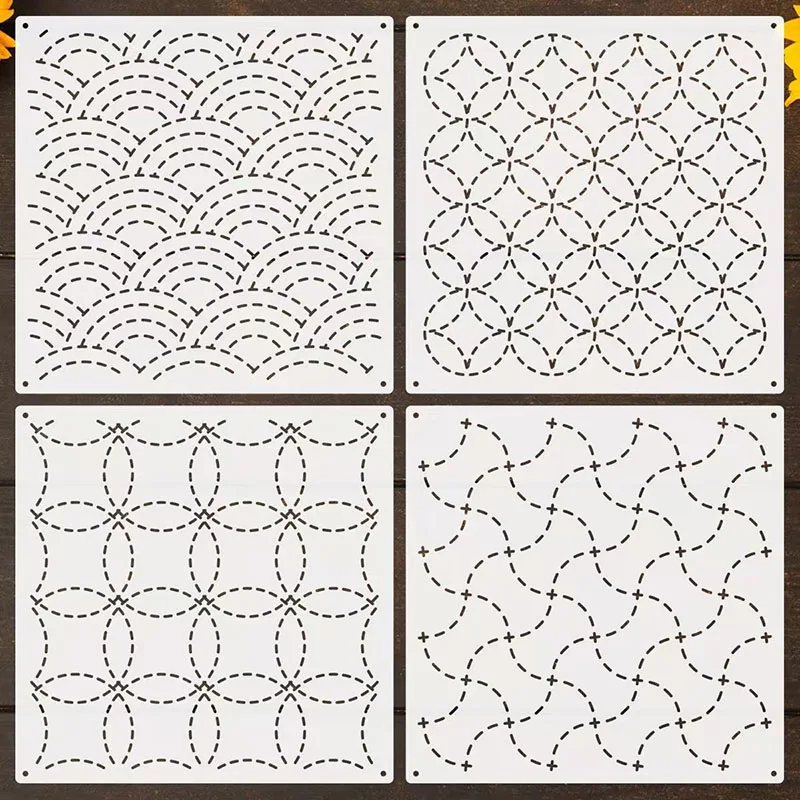 4Pcs Classic Sashiko Stencil Set, Plastic Drawing Ruler Template for Tea Mat & Coaster, Reusable DIY Sewing Tool 20cm