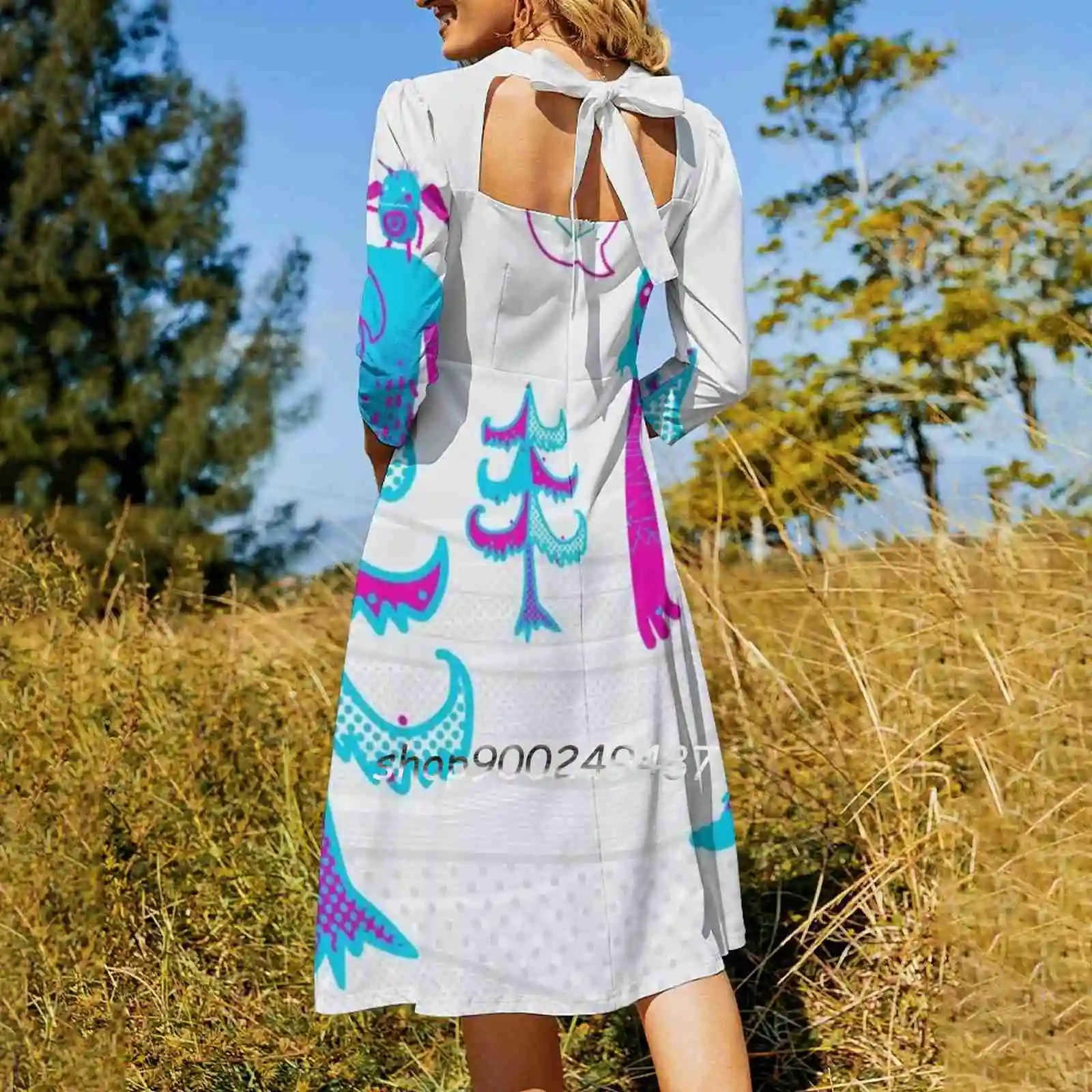 Giantyeti Flare Dress Square Neck Dress Elegant Female Fashion Printed Dress Characters Pop Colors Weird Bold Graphic Unusual