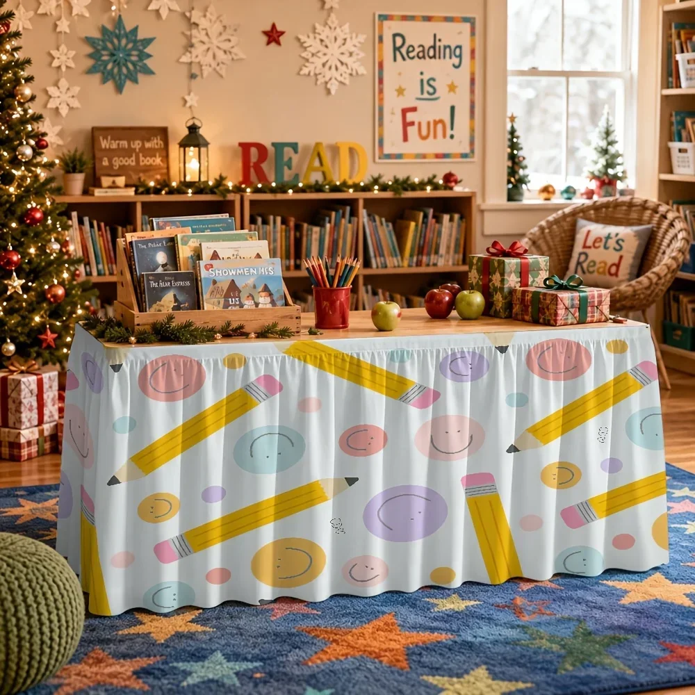 One-piece cartoon pencil happy pattern tablecloth table skirt, suitable for party events,