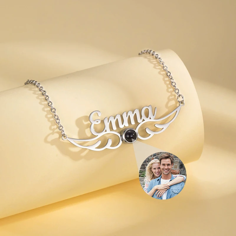 Custom Picture Projection Necklace Angel Wing Photo Pendant Necklace Customized Name Necklaces Birthday Memorial Gifts for Women - view 2