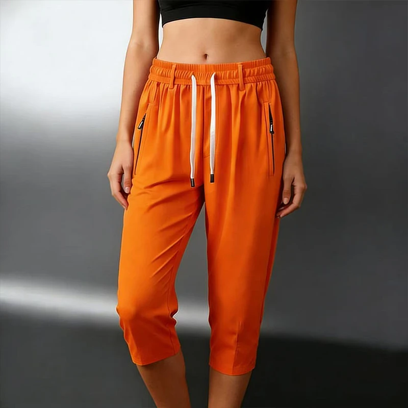 

Women's Lightweight Athletic Cropped Pants with Drawstring, Zippered Pockets Summer Breathable Quick-Dry Fitness Jogger Trousers