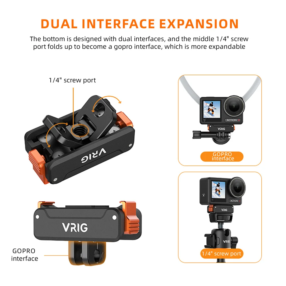VRIG Kamera-Adapterbasis mit magnetischer Schnalle für DJI Action 3/4/5 Pro W 1/4 + GOPRO-Schnittstelle, faltbare Schnellverschluss-Zwei-Klauenhalterung