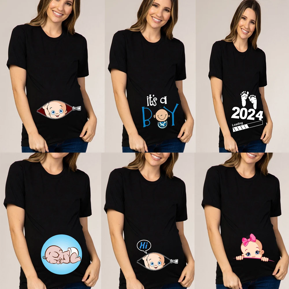 Pregnant Women Maternity Clothes Baby Print Pregnant Funny T-shirt Summer Maternity Tops Pregnancy Announcement New Baby Tee