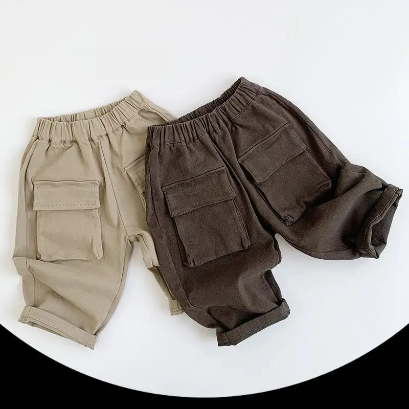 

2025 Autumn New Children Casual Pants Cotton Boys Big Pocket Trousers Solid Baby Girls Versatile Loose Pants Kids Clothes