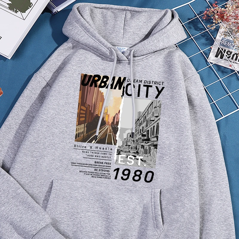 Dream District Urbancity Print Sweatshirts Mens Comfy Pocket Sportwear Fashion Drawstring Sweatshirt Classic Leisure Clothing