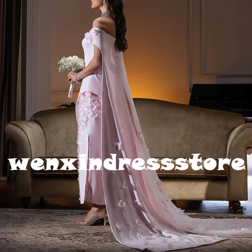 Elegant Luxury Evening Dress 2024 Off the Shoulder Straight Tea Length Short Sleeves Jersey Pleats Flowers Crystal Exquisite