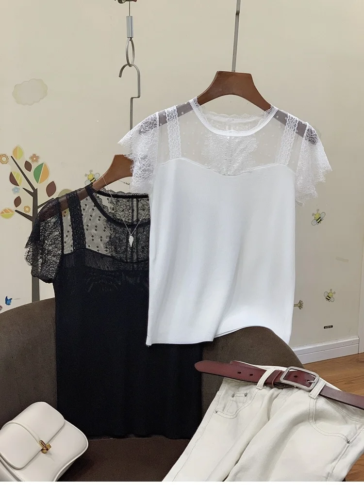 

Slim Fit Lace T-Shirt round Neck Short Sleeve Mesh Splice Sexy Ice Silk Hollow out Women's Original Design Summer Top