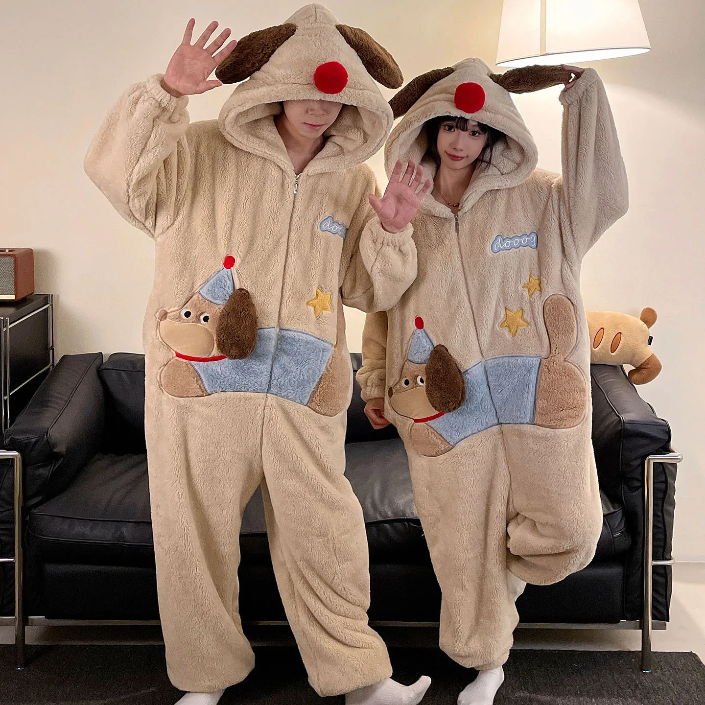 

Cartoon Toothless Conjoined Couple Sleepwear Coral Fleece Thickened Autumn and Winter Zipper Cartoon Stitch Home Clothes Warm