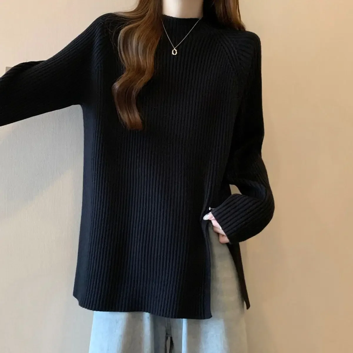 حجم كبير نصف الياقة العالية فضفاضة طويلة الأكمام المرأة قاعدة قميص الكورية نمط الدفء الشق تصميم الخريف الشتاء قمة الموضة الجديدة #3