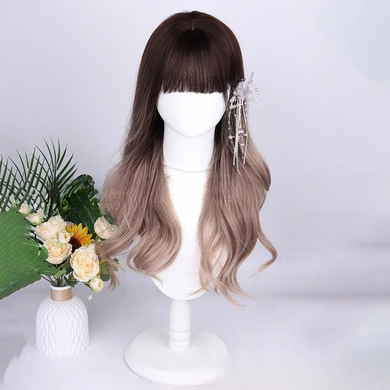 

Европейские и американские парики Ци, темпераментная челка, постепенное изменение цвета, большая волна, микро-ролл, розовая сетка, высокотемпературный шелковый парик, полный