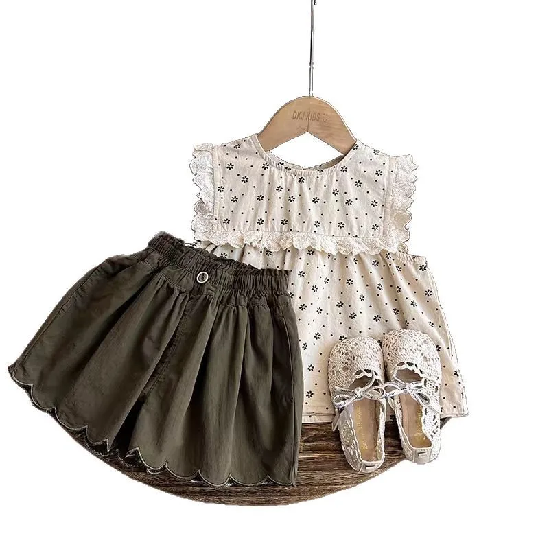 New Girls Floral 2Pcs Outfit, Forest Style Small Floral Short Sleeve Top & Wave Hem Shorts Kids Clothing Set  for 100-140cm