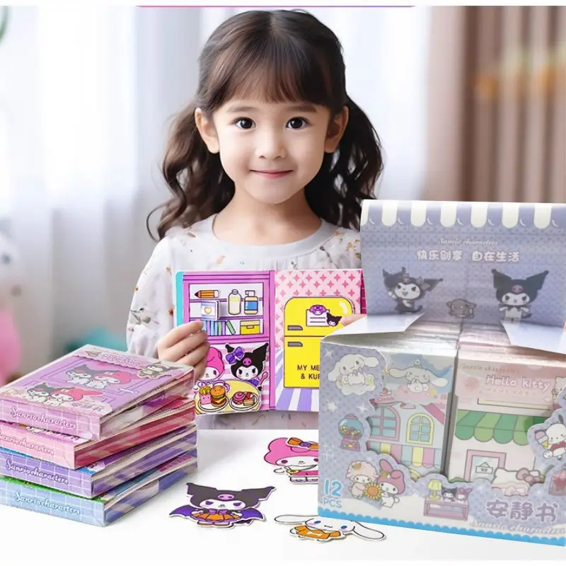 MINISO lindo Hello Kitty Kuromi Melody libro de pegatinas de dibujos animados para niños, No cortado, hecho a mano, libro silencioso, juguetes para