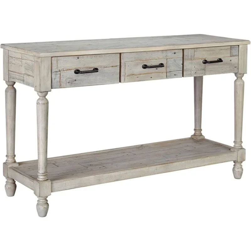 Shawnalore Farmhouse Solid Pine Wood Sofa Console Table, Whitewash