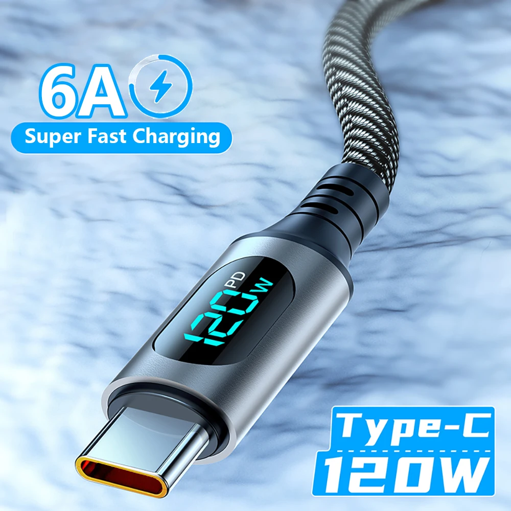 120W Type C Super Fast Charging Cable LED Digital Display USB C Charger Cable For Xiaomi Redmi Huawei Samsung 6A Data Cord 1M 2M