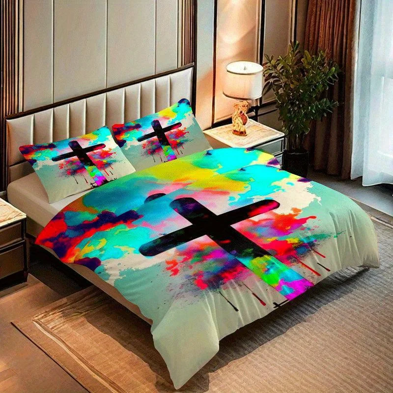 2/3pcs, Colorful cross vibrant faith hope resurrectionQuilt cover set with printed pattern, quilt cover set includes quilt cover