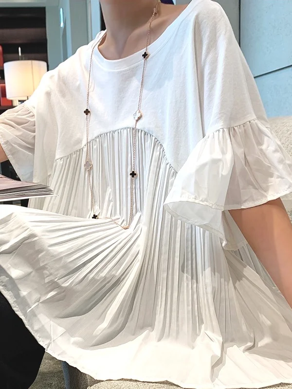 High Waist Pleated Hem Batwing Sleeve Tunic Top Korean Style Doll Shirt Loose Fit Floral Trim Personalized Casual Wear