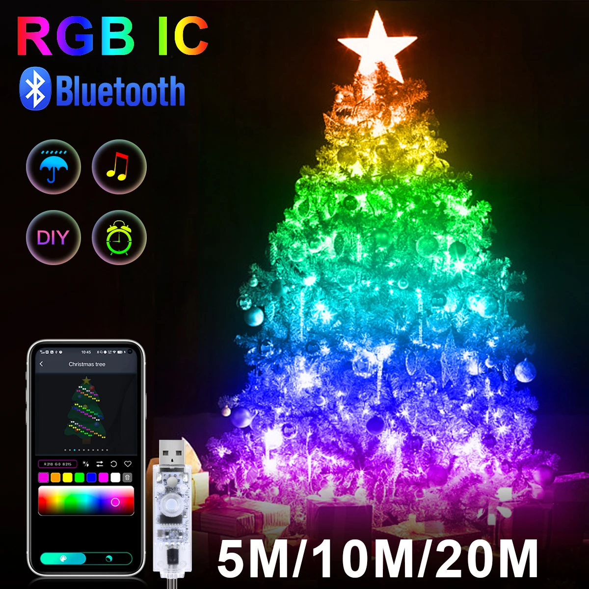 Smart USB LED Christmas Night Light 5V Addressable WS2812 RGBIC Idea BT APP Control Fairy String Light Room Curtain Garden Decor