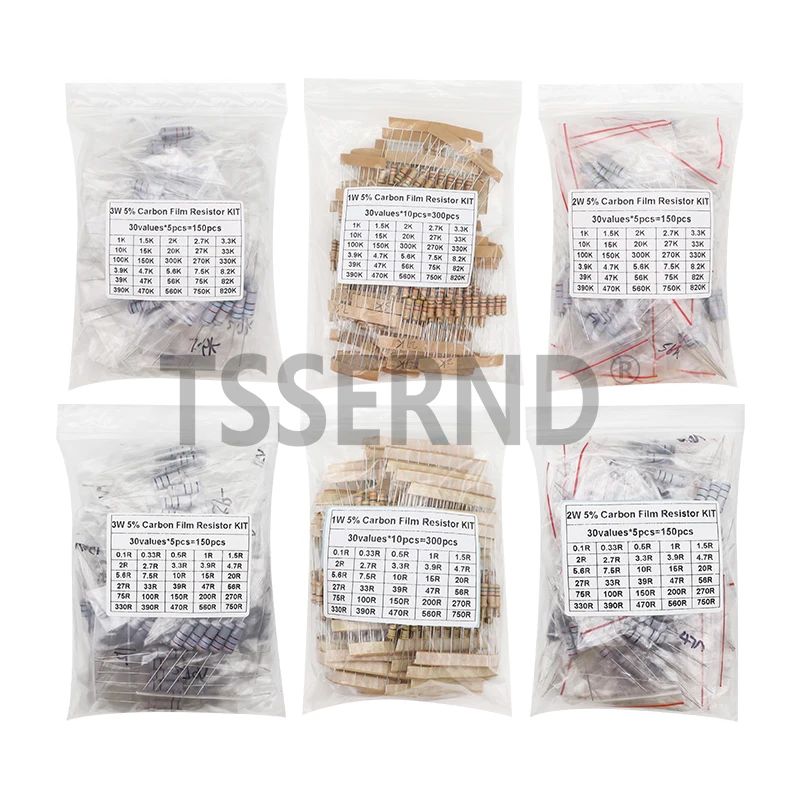 150PCS 300PCS 1W 2W 3W 5W Carbon Film Resistor Assortment Kit 5% Resistance Set 30Kinds 0.1-750 ohm 1K-820K DIY components