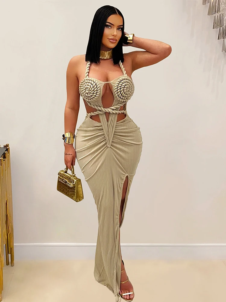 Kricessen Piękna Sukienka Maxi Damska Letnia z Wycięciami, Marszczeniami i Wysokim Rozcięciem w Stylu Tropic Criss Cross, Sukienka Bandage na Wakacje