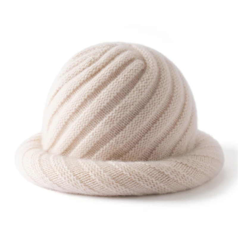KOIJINSKY 100% Pure Cashmere Knit Cloche Hat Chevron Rib Texture Rolled Brim Soft Warm Winter Hat for Women