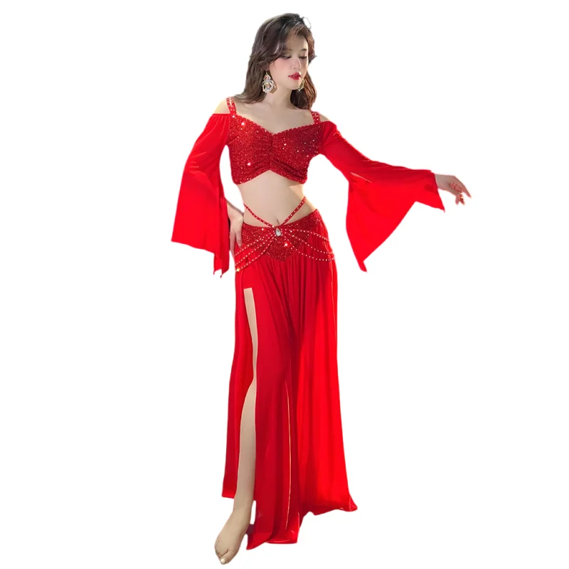 

Женский тренировочный костюм для танца живота, комплект из двух предметов, топ с длинными рукавами, юбка с разрезом по бокам, наряд с блестками, восточная танцовщица, марлевая одежда XL