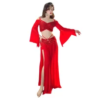 Traje de práctica de danza del vientre para mujer, 2 piezas, manga larga, falda con abertura lateral superior, traje de lentejuelas, bailarina Oriental, ropa de gasa XL