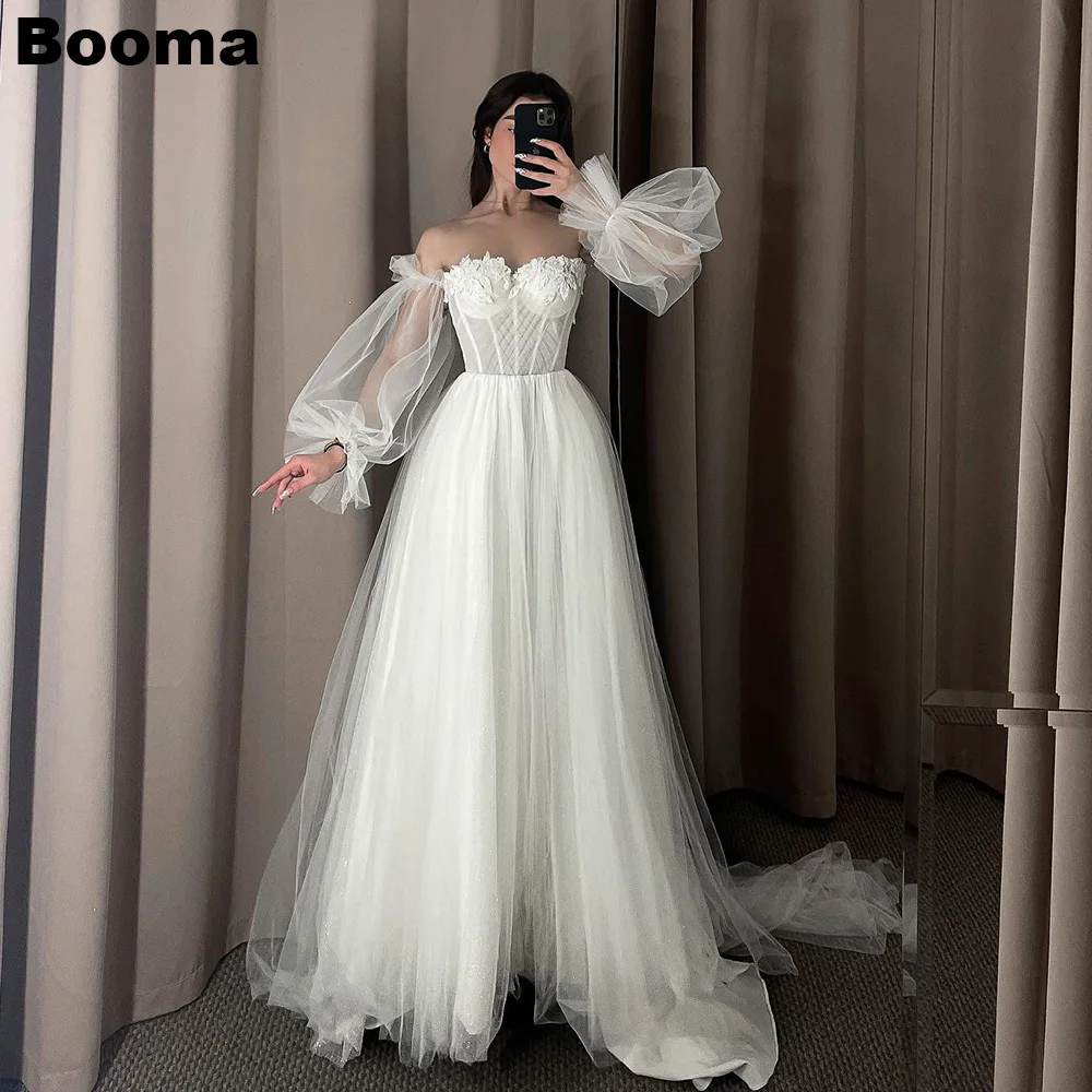 

Booma A Line Tulle Wedding Party Dresses Sweetheart Appliques Puff Sleeves Bridals Gowns Elegant Party Dresses for Women 2023