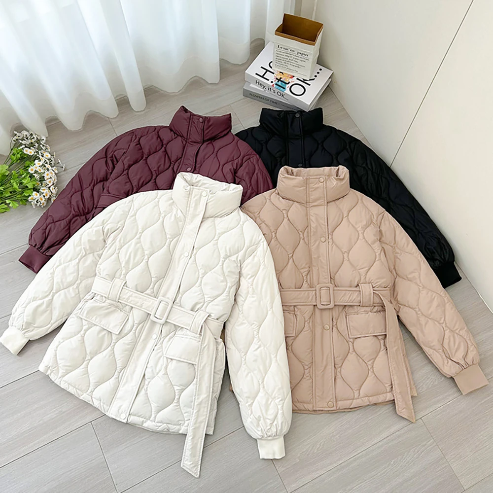 

Fashion Stand Up Collar Cotton Coats wiith Belt Women 2025 Winter Warm Lightweight Quilted Jacket Cold Proof Clothing Outerwear