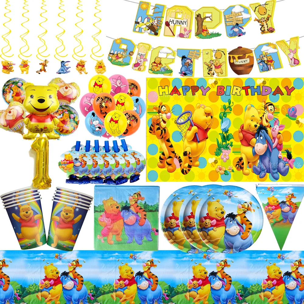 Disney Winnie Pooh Birthbay Party Decorations Disposable Tableware Set Fiol Balloons For Kilds Baby Shower Party Supplies Gifts