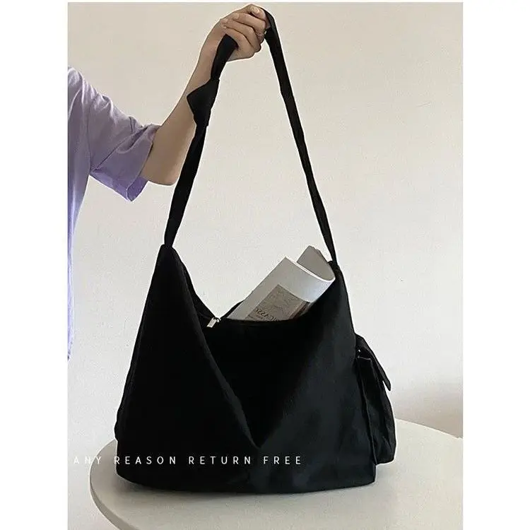 Canvas Bag Women Solid Simple Casual Zipper SOFT Outer Pocket Shoulder Bag Handbag High-Capacity Tote Bag Shopping Bag