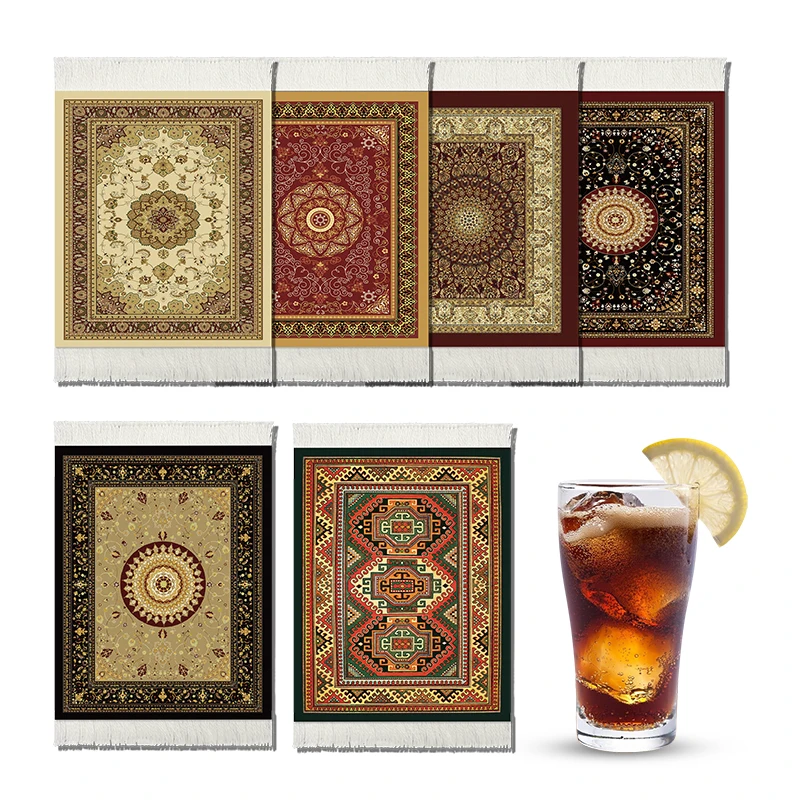 

6-Piece Set of Persian Vintage Carpet-Patterned Coasters 13×9cm, Tassel Heat Insulation Mats, Ethnic Style Embossed Texture Non-Slip Anti-Scald Table Mats, Home Decoration Practical Gifts