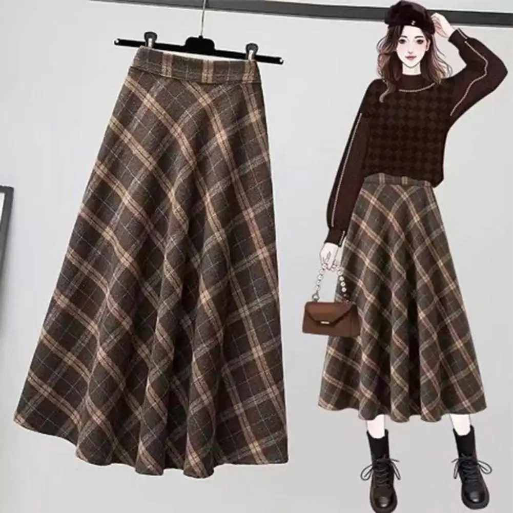 Women Midi Skirt Elastic High Waist Plaid Print Skater Skirt A-Line Large Hem Casual Skirt Korean Thick Commuting Streetwear
