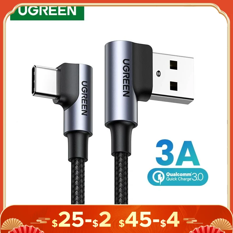 Ugreen Nylon USB C Cable 90 Degree Fast Charger USB Type C Cable for Xiaomi Mi 8 Samsung Galaxy S9 Plus Mobile Phone USB-C Cord