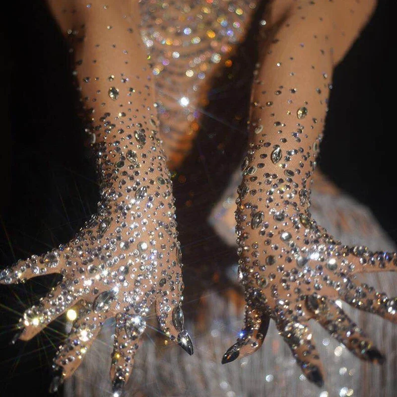 Luxurious Stretch Rhinestones Gloves Women Sparkly Crystal Mesh Long Gloves Dancer Singer Nightclub Dance Stage Show wear