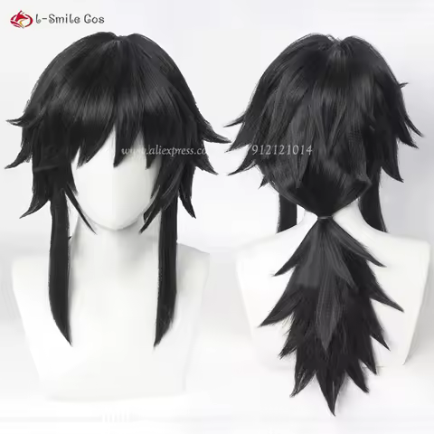 Anime Tomioka Giyuu Cosplay Wigs 40cm Long Black Fluffy Men Wig Heat Resistant Synthetic Hair Halloween Cosplay Wigs + Wig Cap