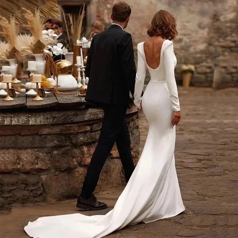Customized Elegant Satin Mermaid Wedding Dress Square Neck Long Sleeve Deep U Open Back Sweep Train Simple Bridal Gown