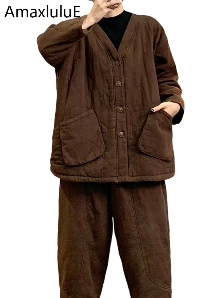 

Amax LuluE 2025 Ladies Solid Padded Suits Winter Casual Two Pieces Sets Vintage Oversized Coats Warm Harem Pants Classic Outfits