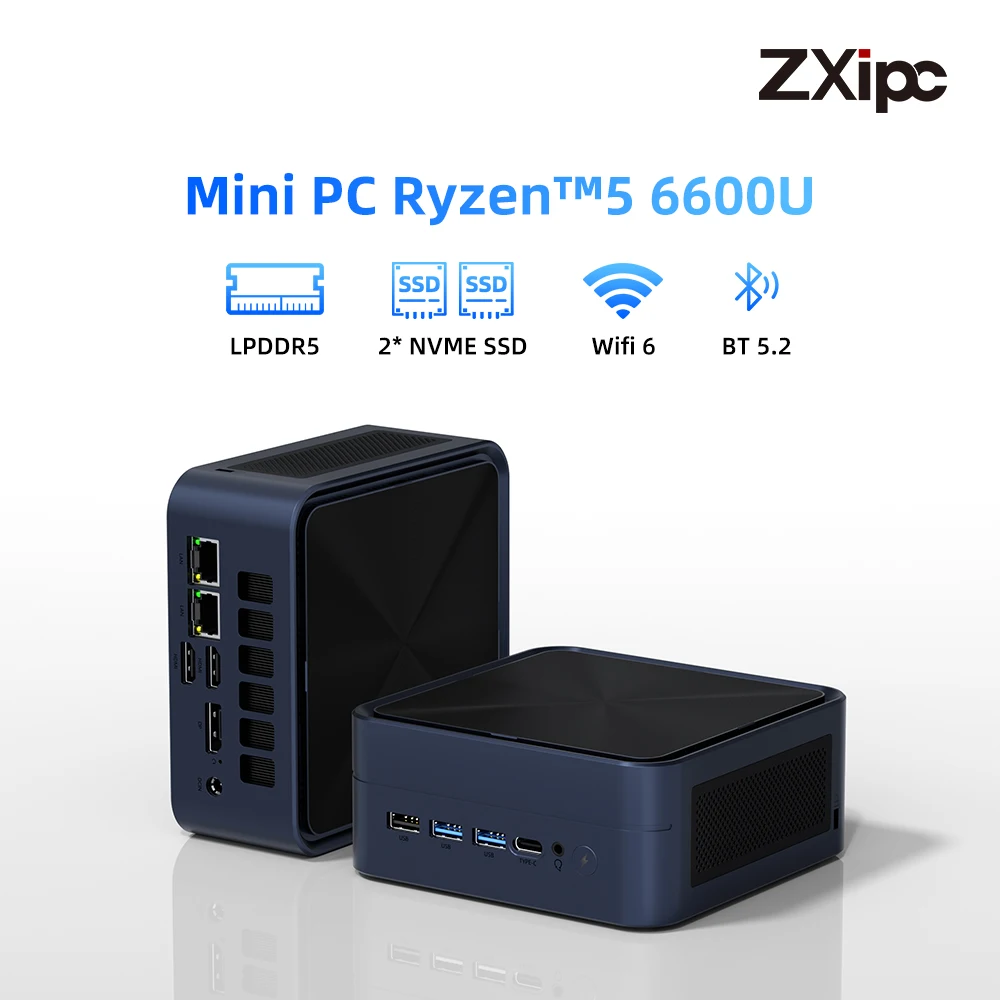 ZXIPC Mini PC AMD Ryzen 7 6600U LPDDR5 1TB M.2 SSD Desktop Computers Support 4K HDMI Display/WiFi6/USB3.2/Office